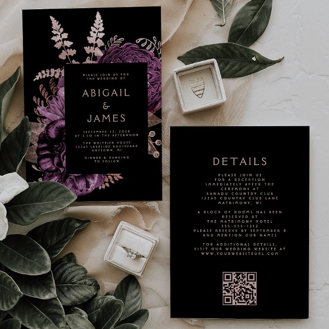 Moody Dark Floral Purple Rose Gold QR Code Wedding Invitation (Creator Uploaded)