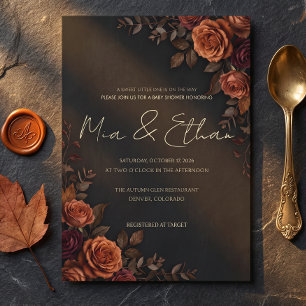 Moody Dark Floral Rust Orange Black Baby Shower In Invitation