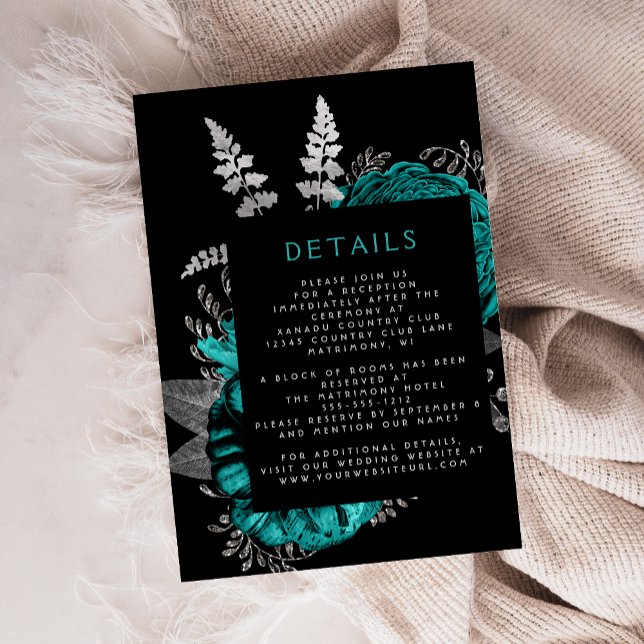 Moody Dark Floral Teal Silver Wedding Details Enclosure Card (Creator Uploaded)