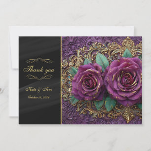 Moody Dark Floral Violet Pink Roses Gold Wedding Thank You Card