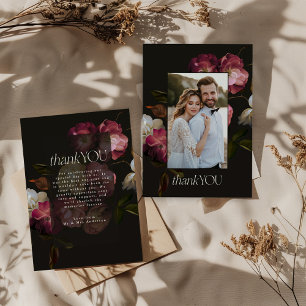Moody Dark Floral Wedding Black Burgundy Chic Thank You Card