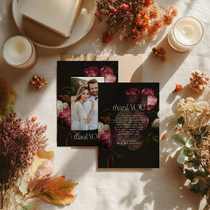 Moody Dark Floral Wedding Black Burgundy Chic Thank You Card
