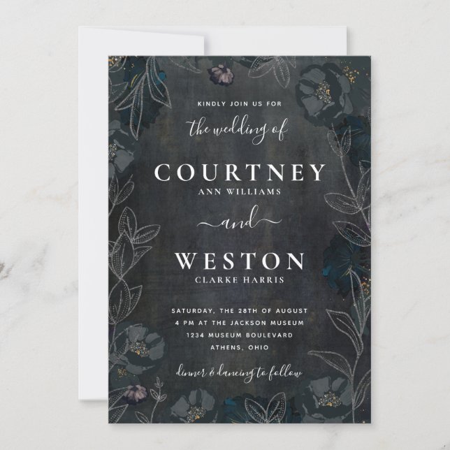 Moody Dark Floral Wedding Invitation (Front)