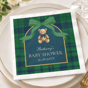 Moody Dark Forest Green Plaid Preppy Teddy Bear Napkin