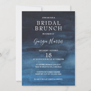 Moody Dark Navy Blue Watercolor Wash Bridal Brunch Invitation