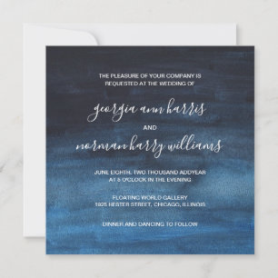 Moody Dark Navy Blue Watercolor Wash Wedding Invitation