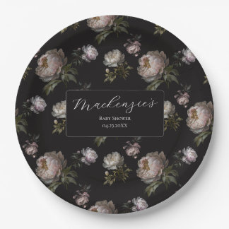 Moody Dark Peony Floral Baby Shower  Paper Plate