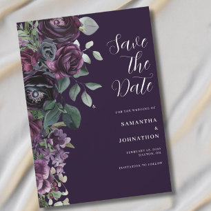 Moody Dark Purple Floral Wedding Save The Date