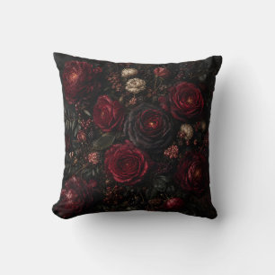 Moody Dark Red Burgundy Roses and Peonies Gothic Cushion