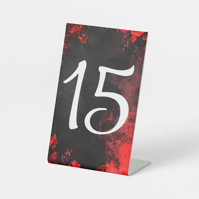 Moody Dark Red Rose Wedding Table Number Pedestal Sign (Front)