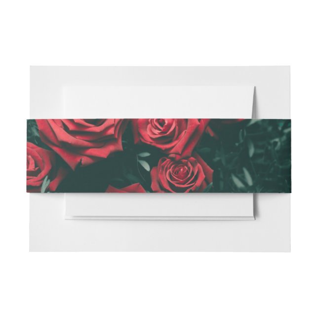 Moody Dark Red Roses Floral Pattern Background Invitation Belly Band (Front Example)