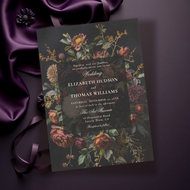 Moody Dark Romance Fall Burnt Copper Art Wedding Invitation (moody dark fall wedding invitation romantic gothic romance black painterly elegant burnt copper)