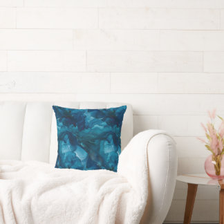 Moody Dark Teal Blue Watercolor Marble Cushion