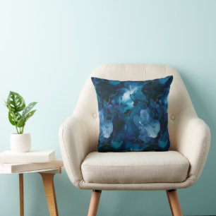 Moody Dark Teal Blue Watercolor Marble Cushion