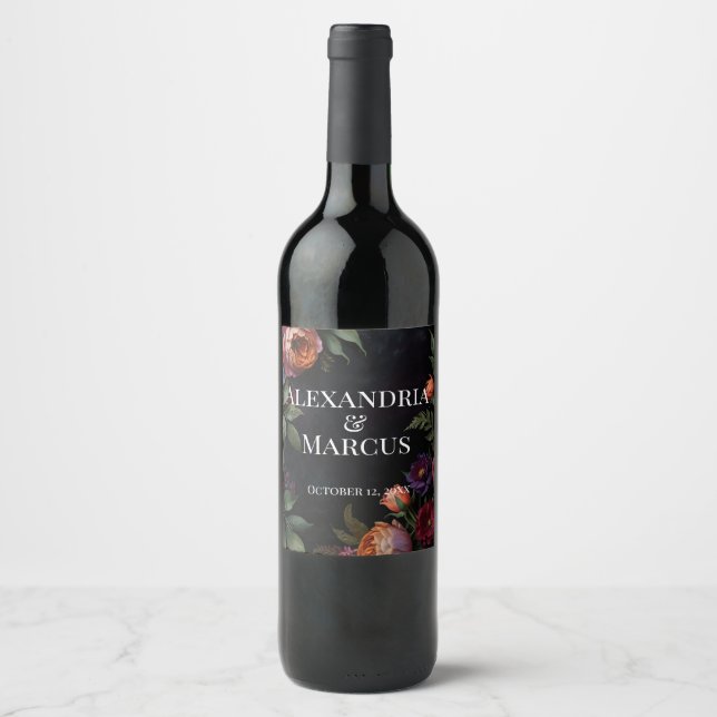 Moody dark vintage floral  wine label (Front)