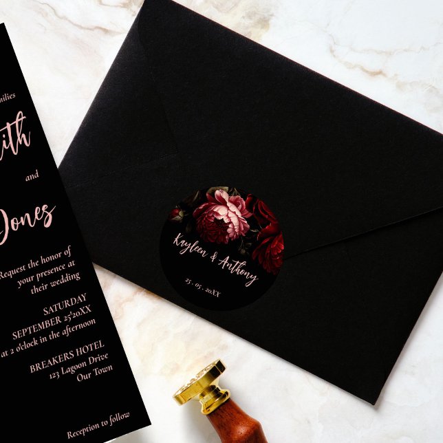 Moody dark vintage flowers wedding classic round sticker (Moody dark vintage crimson red peony flowers wedding envelope sticker bride and groom names)
