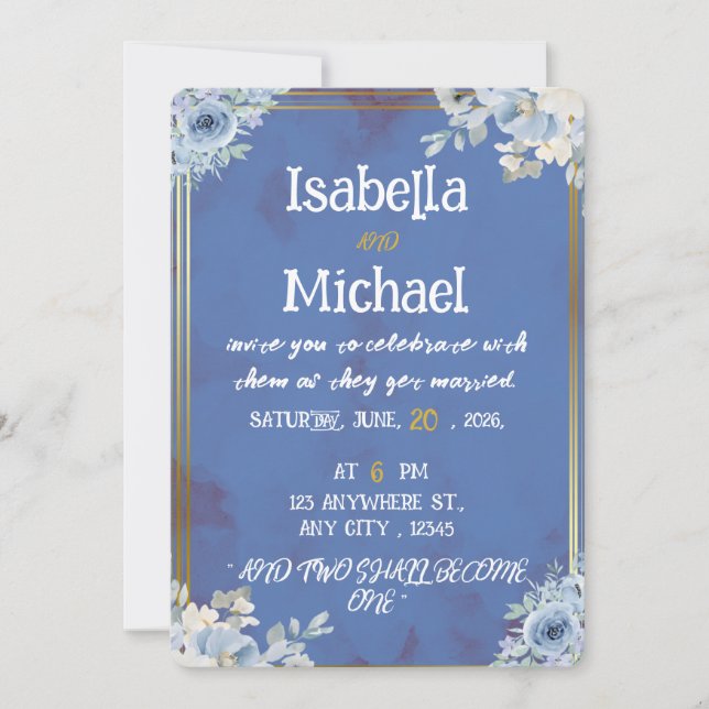 Moody Deep Blue & Gold Frame Watercolor Floral Invitation (Front)