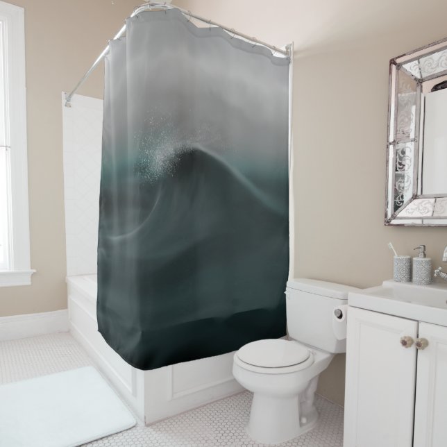 Moody deep green wave in storm shower curtain (In Situ)