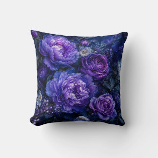 Moody Deep Indigo Blue & Purple Floral Peony Cushion