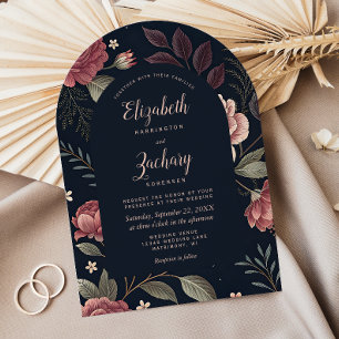 Moody Dusty Rose Floral Pattern Arch Dark Wedding Invitation