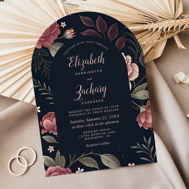 Moody Dusty Rose Floral Pattern Arch Dark Wedding Invitation (Creator Uploaded)