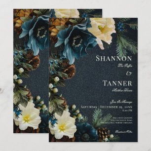 Moody Elegant Winter Blue Floral Pine Wedding Invitation
