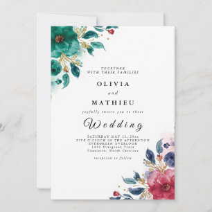 Moody Emerald and Burgundy Floral Wedding Invitation