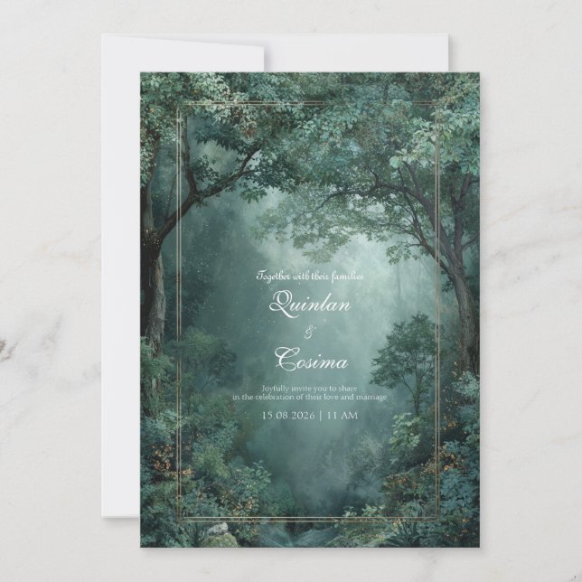 Moody Enchanted Forest Gold Dust Wedding Invitation (Front)