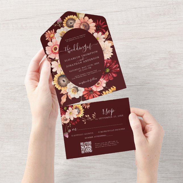 Moody Fall Burgundy Floral Sunflowers OR Code All In One Invitation (Tearaway)