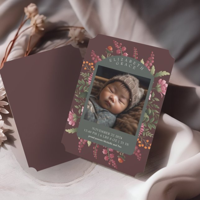 Moody Fall Floral Border Baby Birth Announcement (Creator Uploaded)