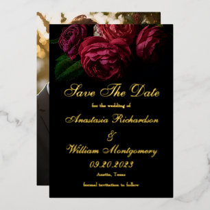 Moody Floral Black Gold Foil Photo Save The Date