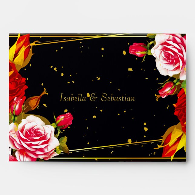 Moody Floral Black & Gold Wedding Envelope (Front)
