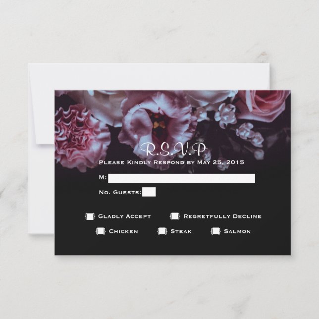 Moody Floral & Black Wedding RSVP Dinner Choices (Front)