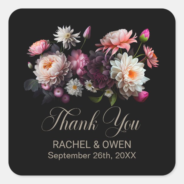 Moody Floral Black Wedding Thank You Square Sticker (Front)