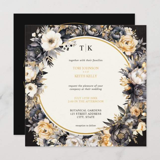 Moody Floral Black White & Gold Wedding Invitation (Front/Back)