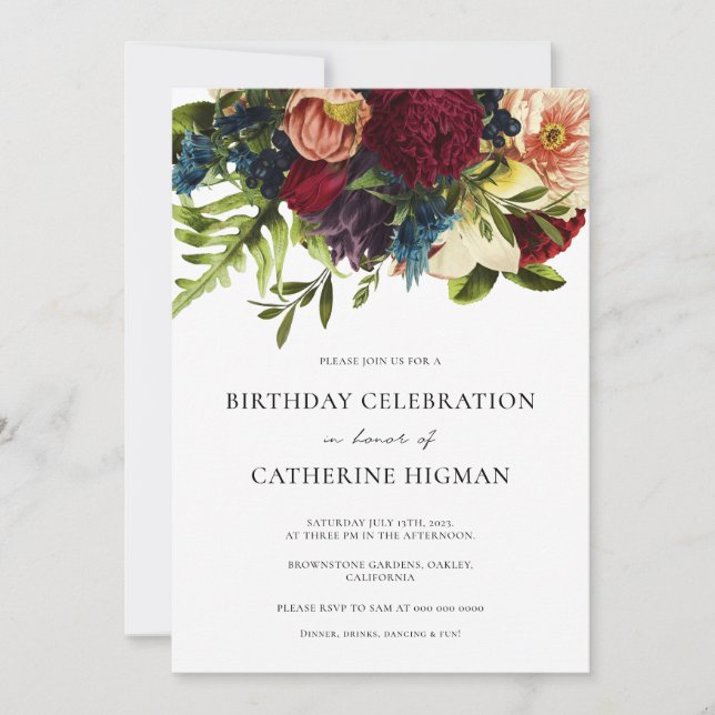 Moody Floral Burgundy Birthday  Invitation (Front)