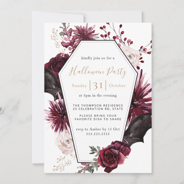 Moody Floral Burgundy & Black Halloween Party Invi Invitation (Front)