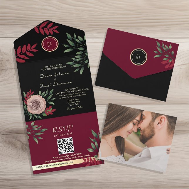 Moody Floral Burgundy Black Wedding All In One Invitation (Creator Uploaded)
