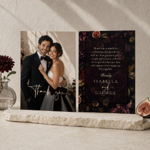 Moody Floral Burgundy Botanical Wedding Photo Thank You Card