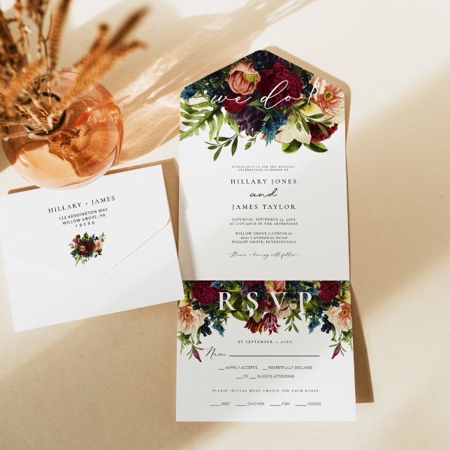 Moody Floral Burgundy Calligraphy Wedding All In One Invitation (Creator Uploaded)
