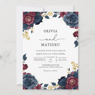 Moody Floral Burgundy Navy Wedding Invitation