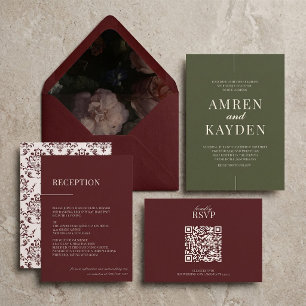 Moody Floral Burgundy Sage Wedding Invitation