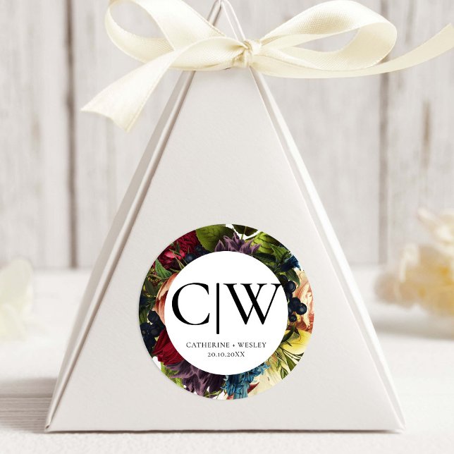 Moody Floral Burgundy Wedding Monogram Classic Round Sticker (Creator Uploaded)