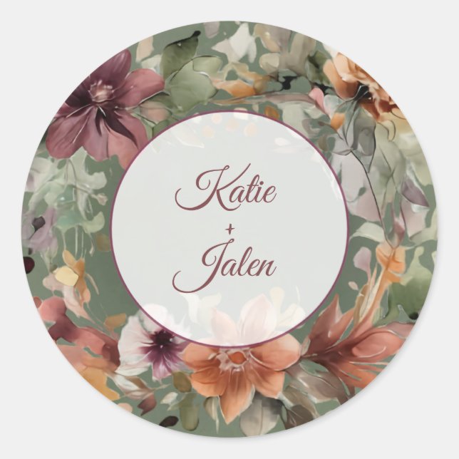 Moody Floral Custom Name Circle Sticker (Front)