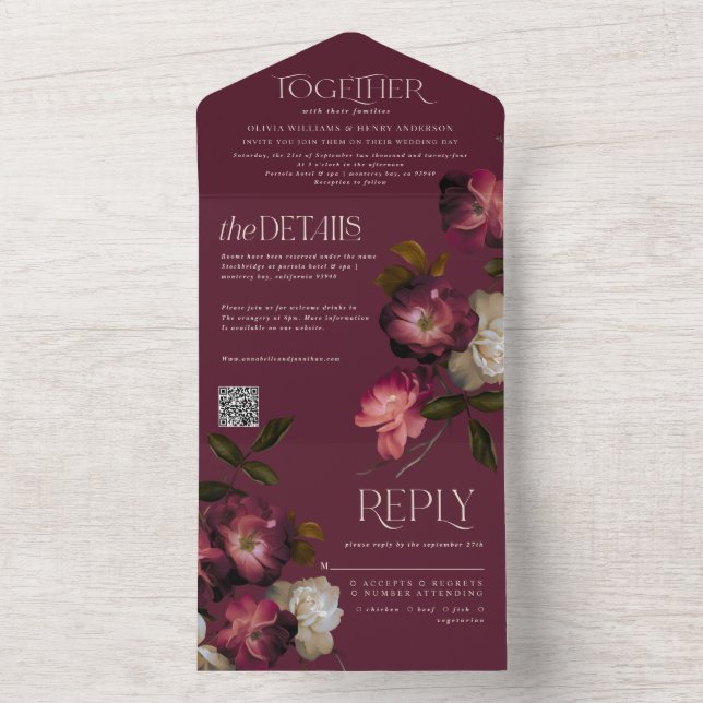 Moody Floral Dark Chic Burgundy Wedding QR Code All In One Invitation (Inside)