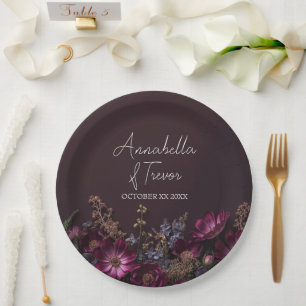 Moody Floral Dark Wildflowers Custom Name Wedding Paper Plate