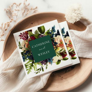 Moody Floral Emerald & Burgundy Wedding Napkin