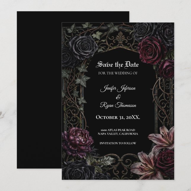 Moody floral Gothic Save the date invitation (Front/Back)