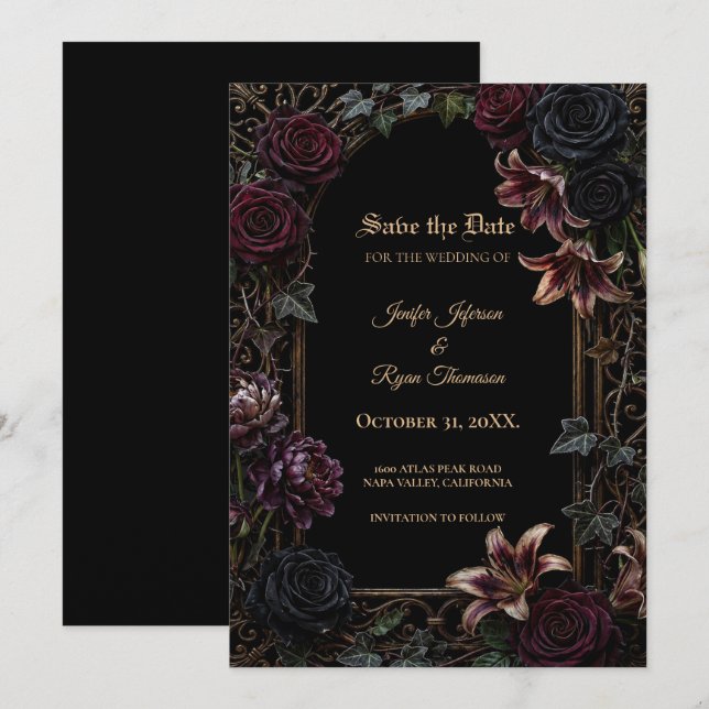 Moody floral Gothic Save the date invitation (Front/Back)