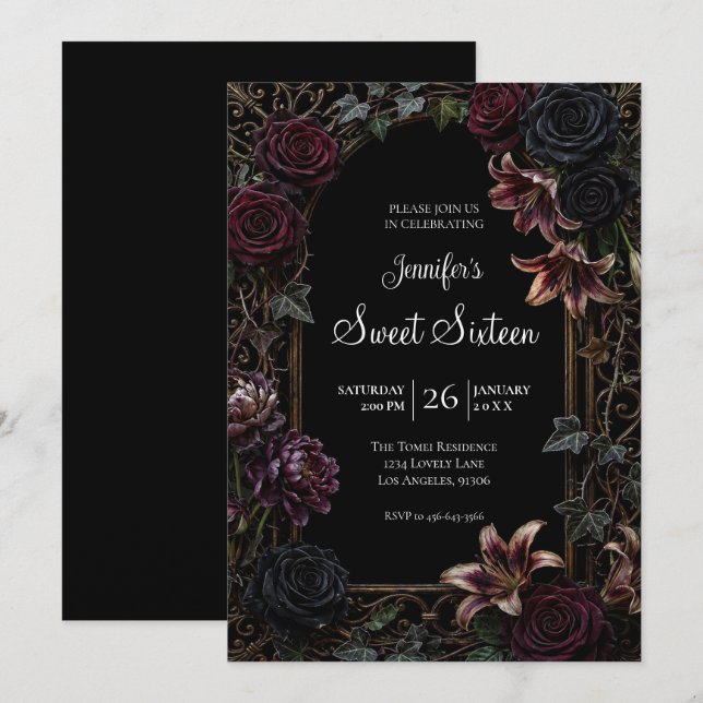Moody Floral Gothic Sweet 16 Invitation (Front/Back)